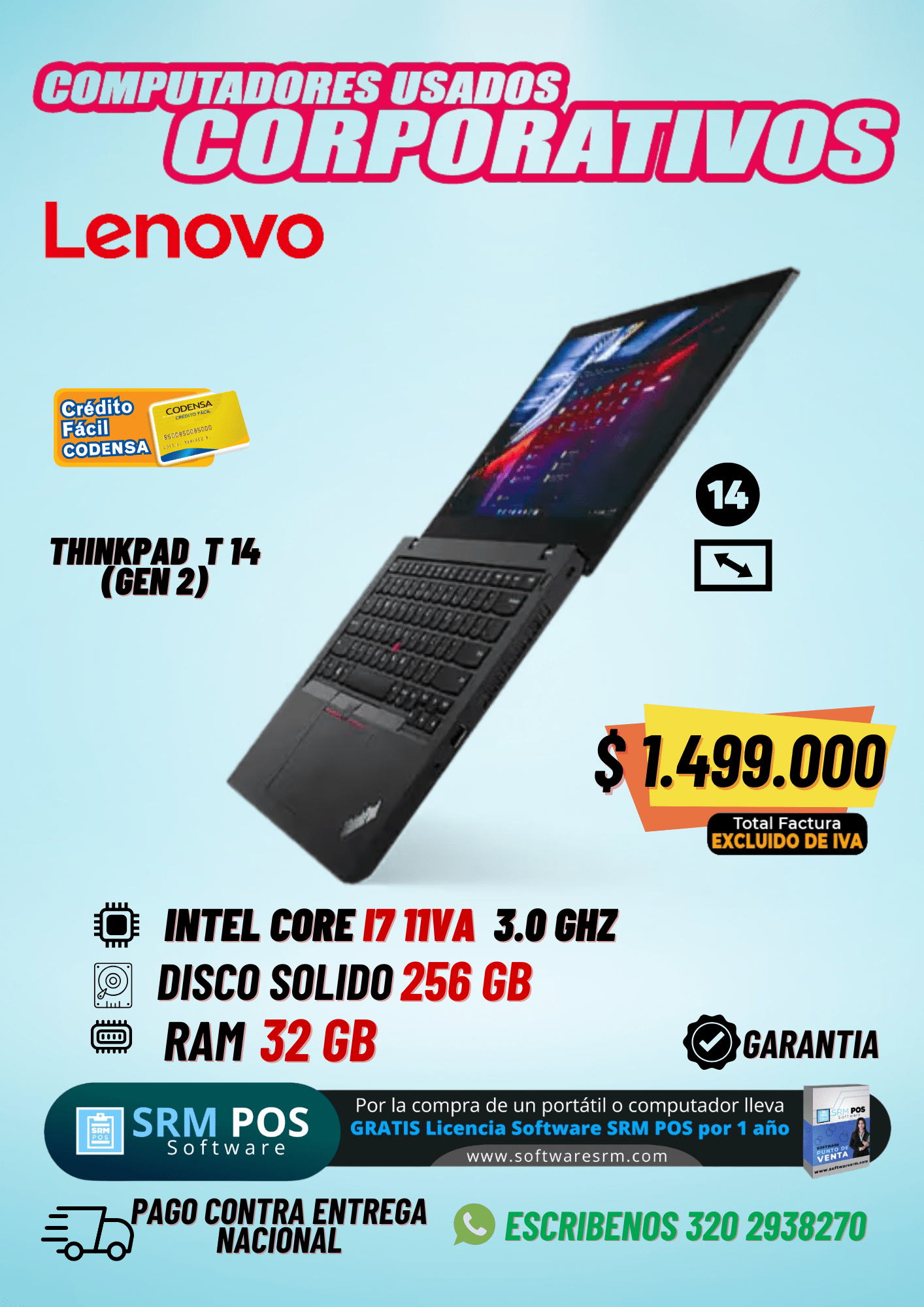 Lenovo ThinkPad T14 Gen 2 | Core i7 11va | 32GB RAM | 256GB SSD | Computador Corporativo Usado